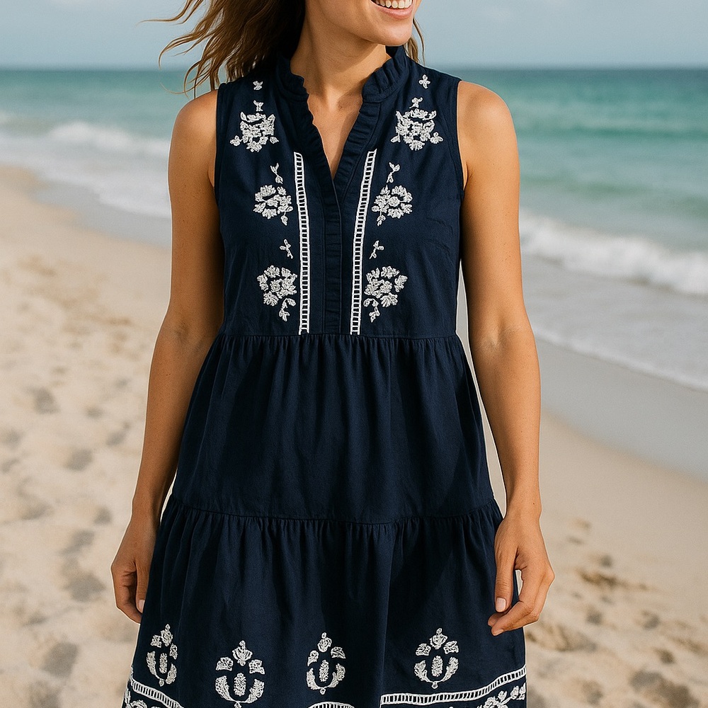 Beachy Casual Crown & Ivy Navy Boho Summer Sleeveless Dress. White Embroidery